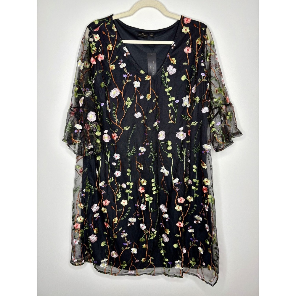 Worthington‎ Floral Embroidered Mesh Overlay Dress Black Size 18 NWT